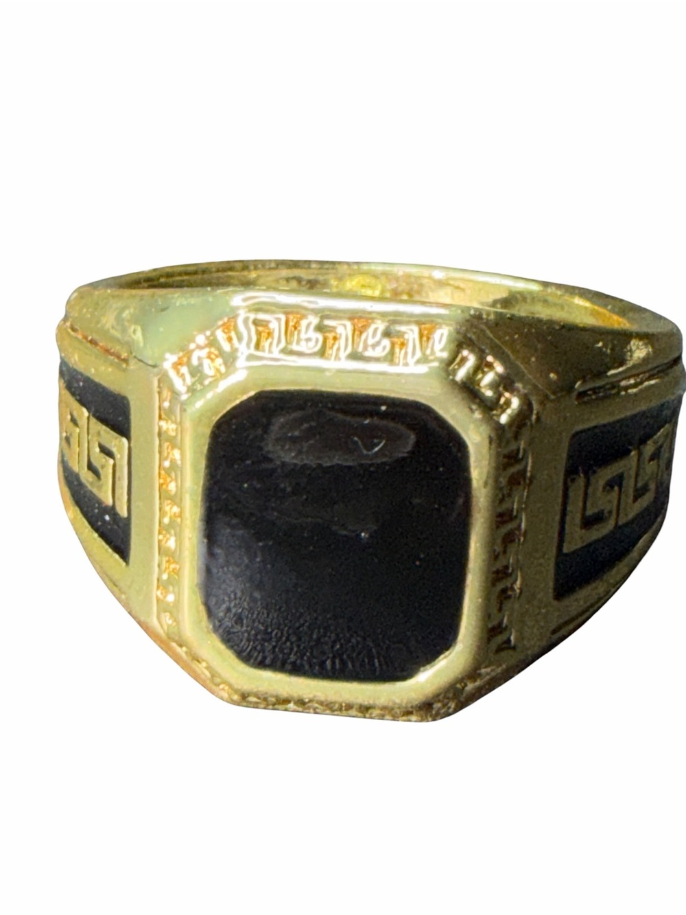 Yellow gold over sterling silver Black Onyx Men's Greek Signet Ring size 7